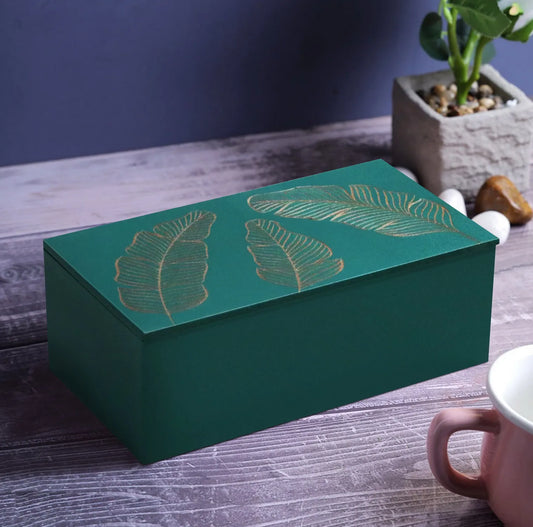 Teal Green Hand-Carved Palm Leaf Design MDF Storage Box – Decorative Wooden Organizer for Jewelry, Keepsakes & Home Décor - Furniza