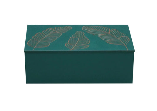 Teal Green Hand-Carved Palm Leaf Design MDF Storage Box – Decorative Wooden Organizer for Jewelry, Keepsakes & Home Décor - Furniza