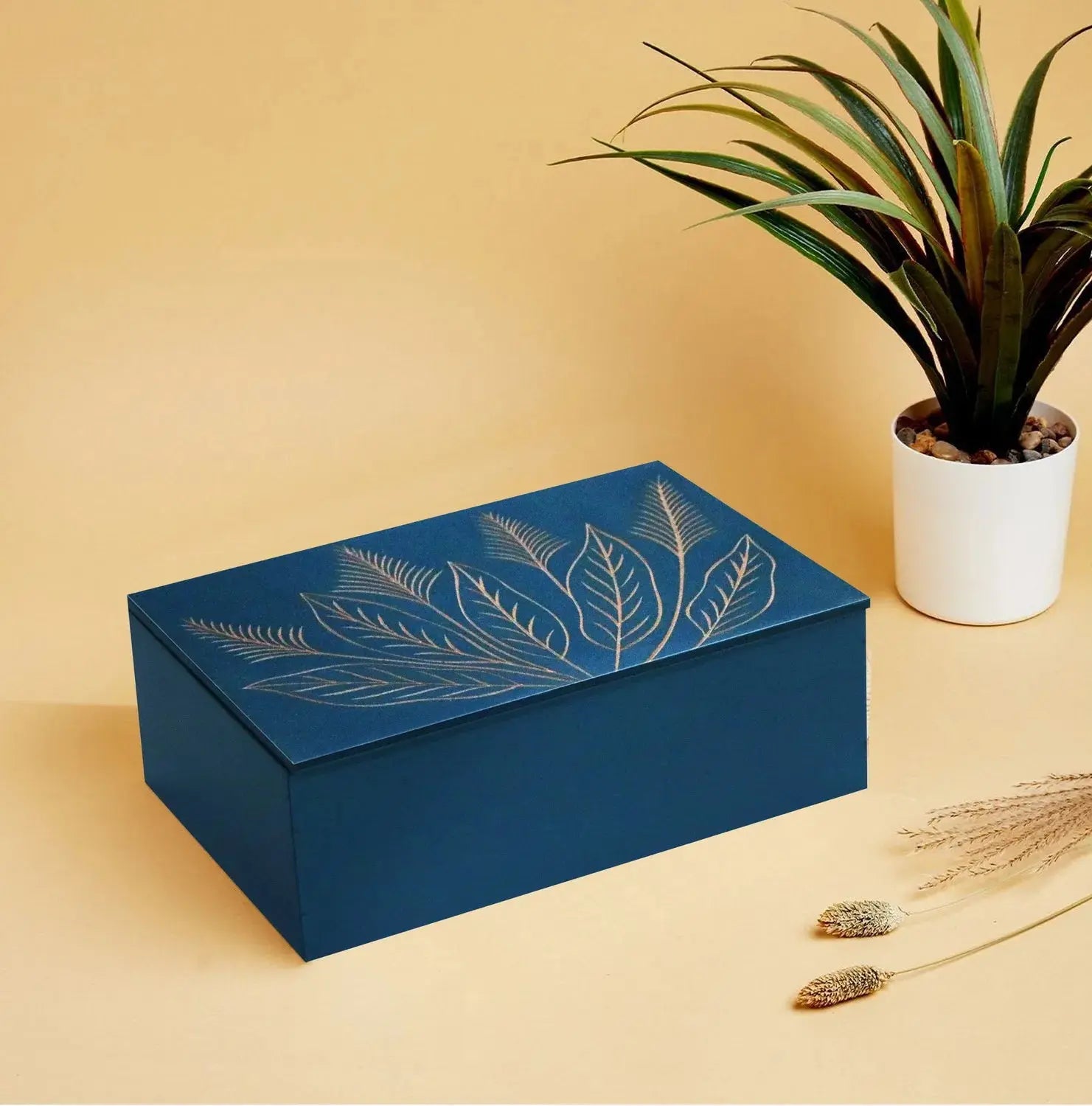 Blue Hand-Carved Wheat Leaf Design MDF Storage Box – Decorative Wooden Organizer for Jewelry, Keepsakes & Home Décor - Furniza