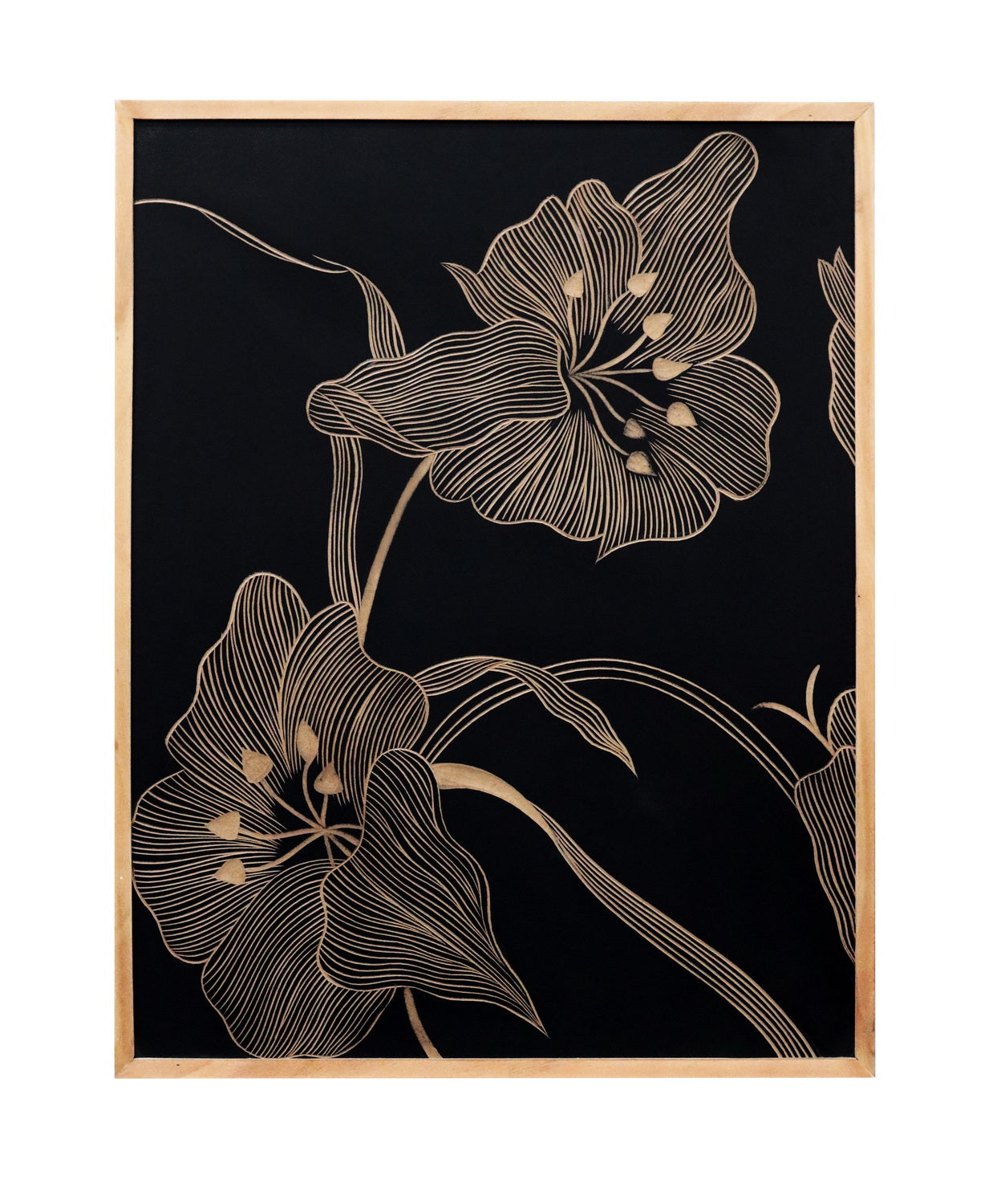 Hand-Carved Floral Wall Panel in Black & Natural Wood Frame – Modern Botanical Wall Decor
