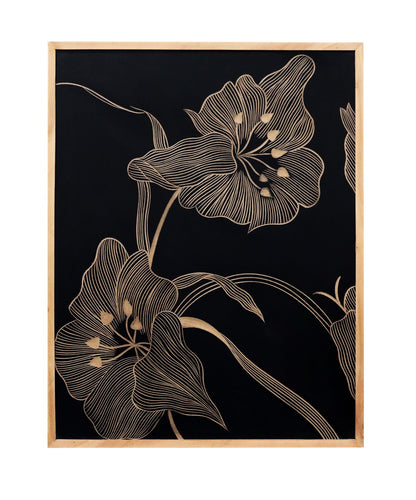 Hand-Carved Floral Wall Panel in Black & Natural Wood Frame – Modern Botanical Wall Decor
