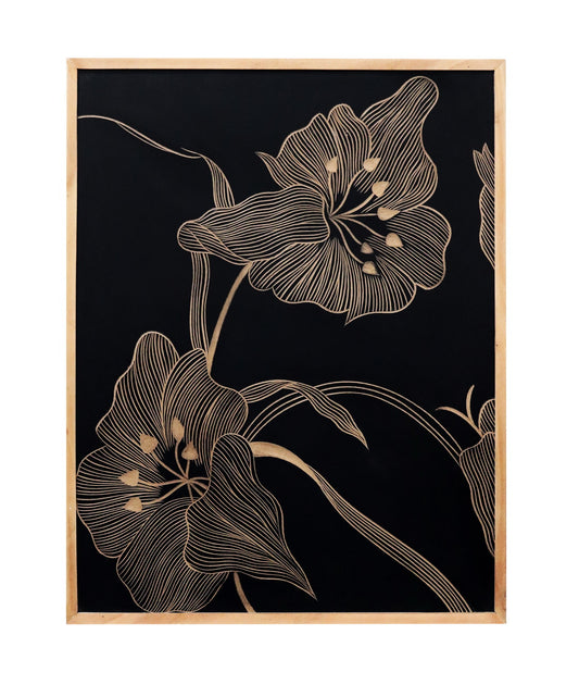 Hand-Carved Floral Wall Panel in Black & Natural Wood Frame – Modern Botanical Wall Decor