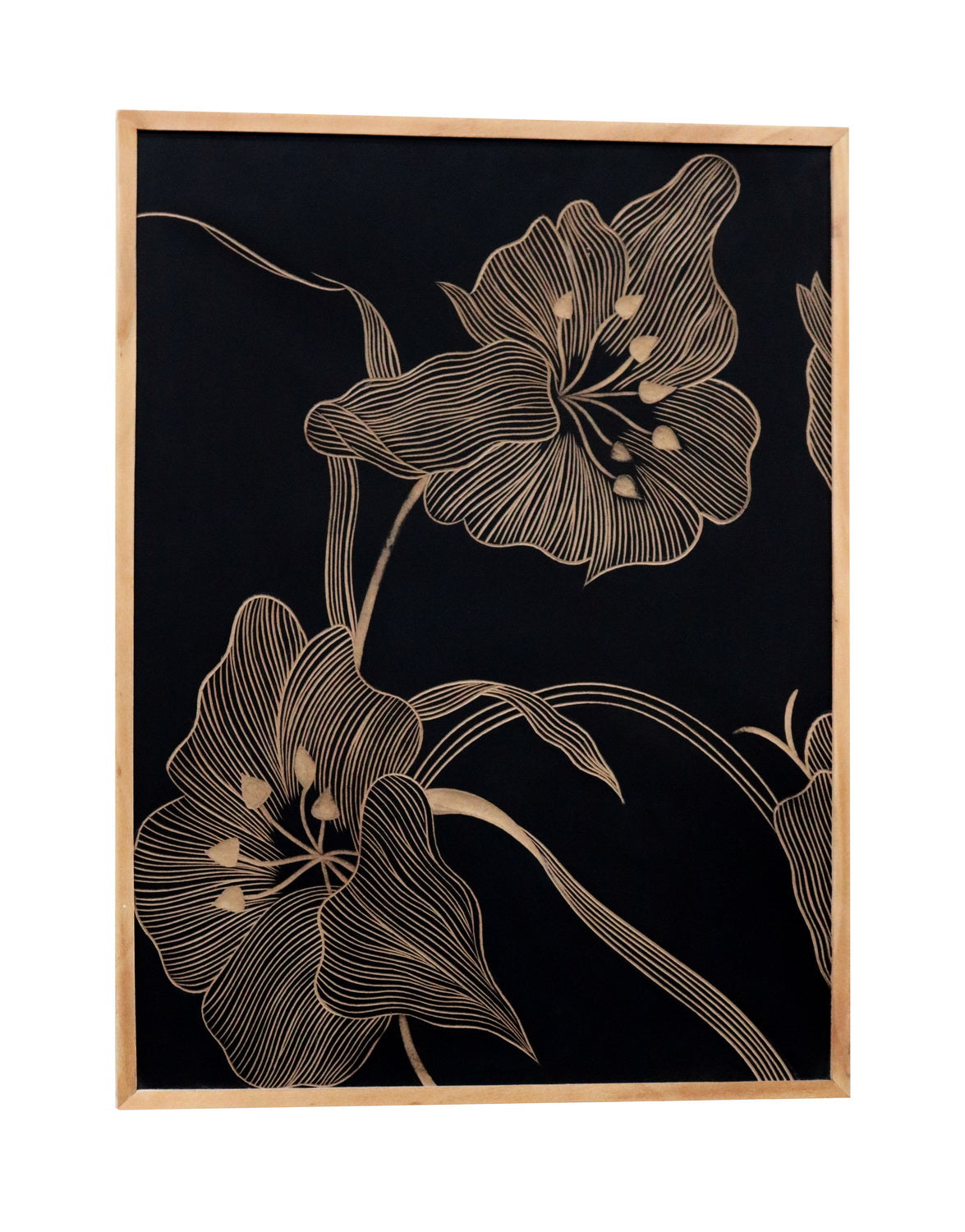 Hand-Carved Floral Wall Panel in Black & Natural Wood Frame – Modern Botanical Wall Decor
