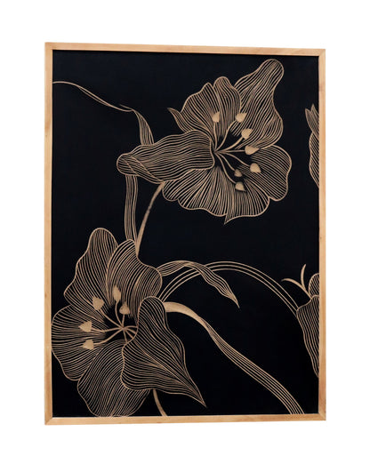 Hand-Carved Floral Wall Panel in Black & Natural Wood Frame – Modern Botanical Wall Decor