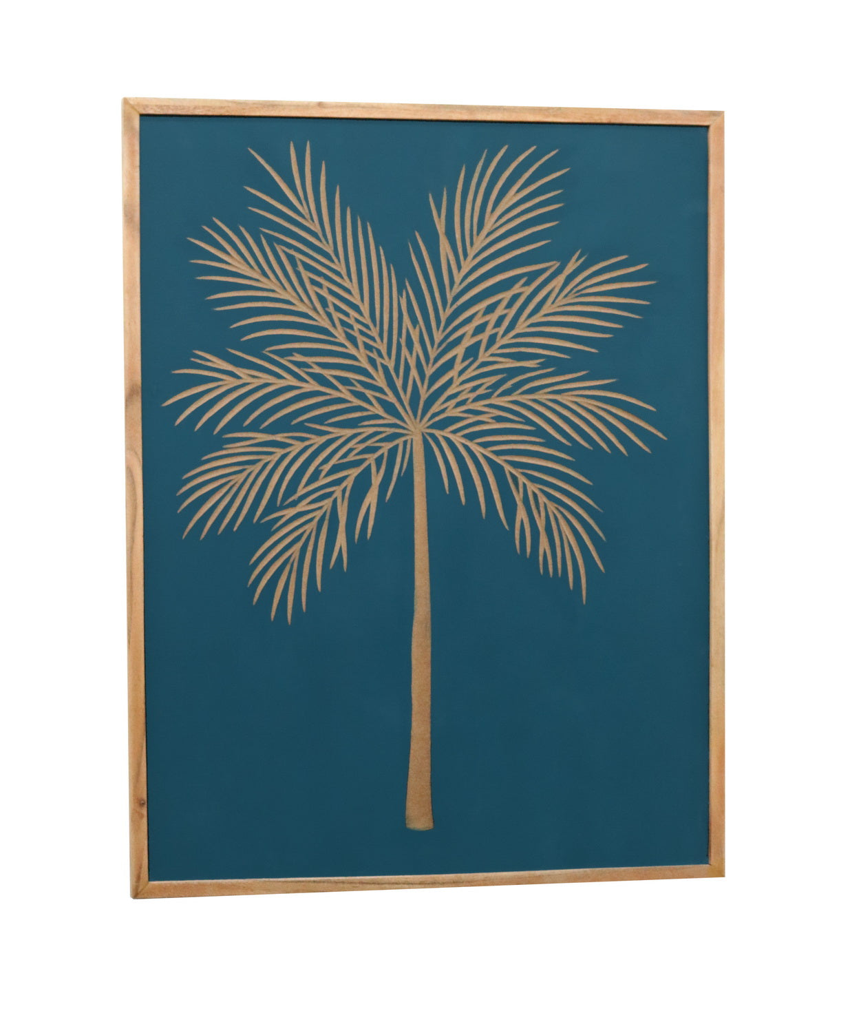 Hand-Carved Palm Leaf Wall Panel in Teal & Natural Wood Frame – Tropical Wall Decor