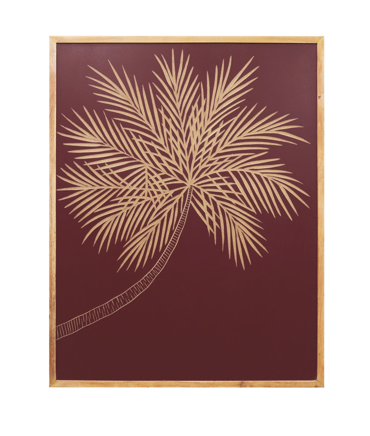 Hand-Carved Palm Leaf Wall Panel in Maroon & Natural Wood Frame – Elegant Wall Décor