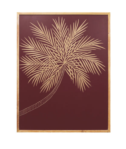 Hand-Carved Palm Leaf Wall Panel in Maroon & Natural Wood Frame – Elegant Wall Décor