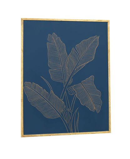 Hand-Carved Banana Leaf Wall Panel in Navy Blue & Natural Wood Frame – Artistic Wall Décor