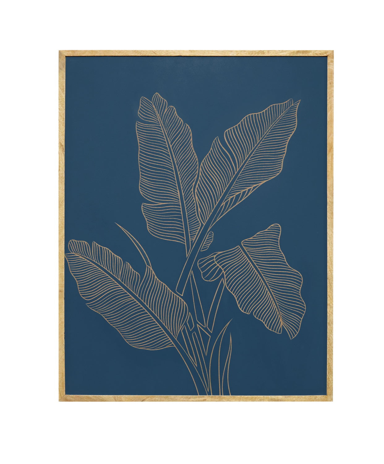 Hand-Carved Banana Leaf Wall Panel in Navy Blue & Natural Wood Frame – Artistic Wall Décor