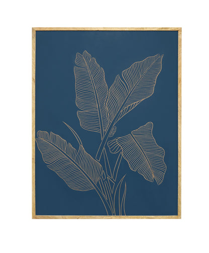 Hand-Carved Banana Leaf Wall Panel in Navy Blue & Natural Wood Frame – Artistic Wall Décor