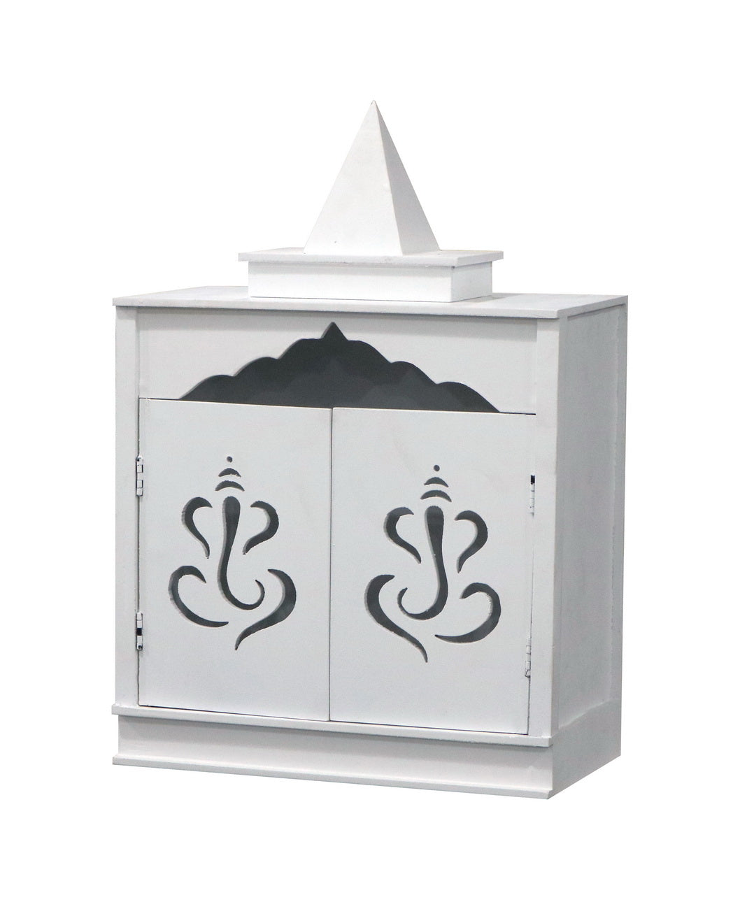 Traditional White MDF Wall Mount Pooja Mandir with Shikara Design & Ganesha Carved Doors – Compact Temple by Furniza - Furniza