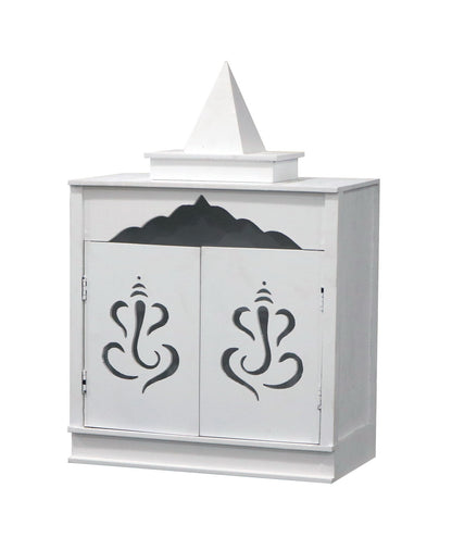 Traditional White MDF Wall Mount Pooja Mandir with Shikara Design & Ganesha Carved Doors – Compact Temple by Furniza - Furniza