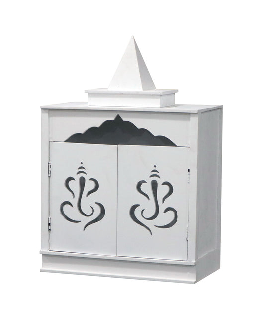 Traditional White MDF Wall Mount Pooja Mandir with Shikara Design & Ganesha Carved Doors – Compact Temple by Furniza - Furniza