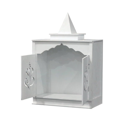Traditional White MDF Wall Mount Pooja Mandir with Shikara Design & Ganesha Carved Doors – Compact Temple by Furniza - Furniza