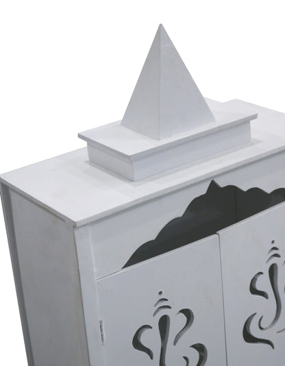 Traditional White MDF Wall Mount Pooja Mandir with Shikara Design & Ganesha Carved Doors – Compact Temple by Furniza - Furniza