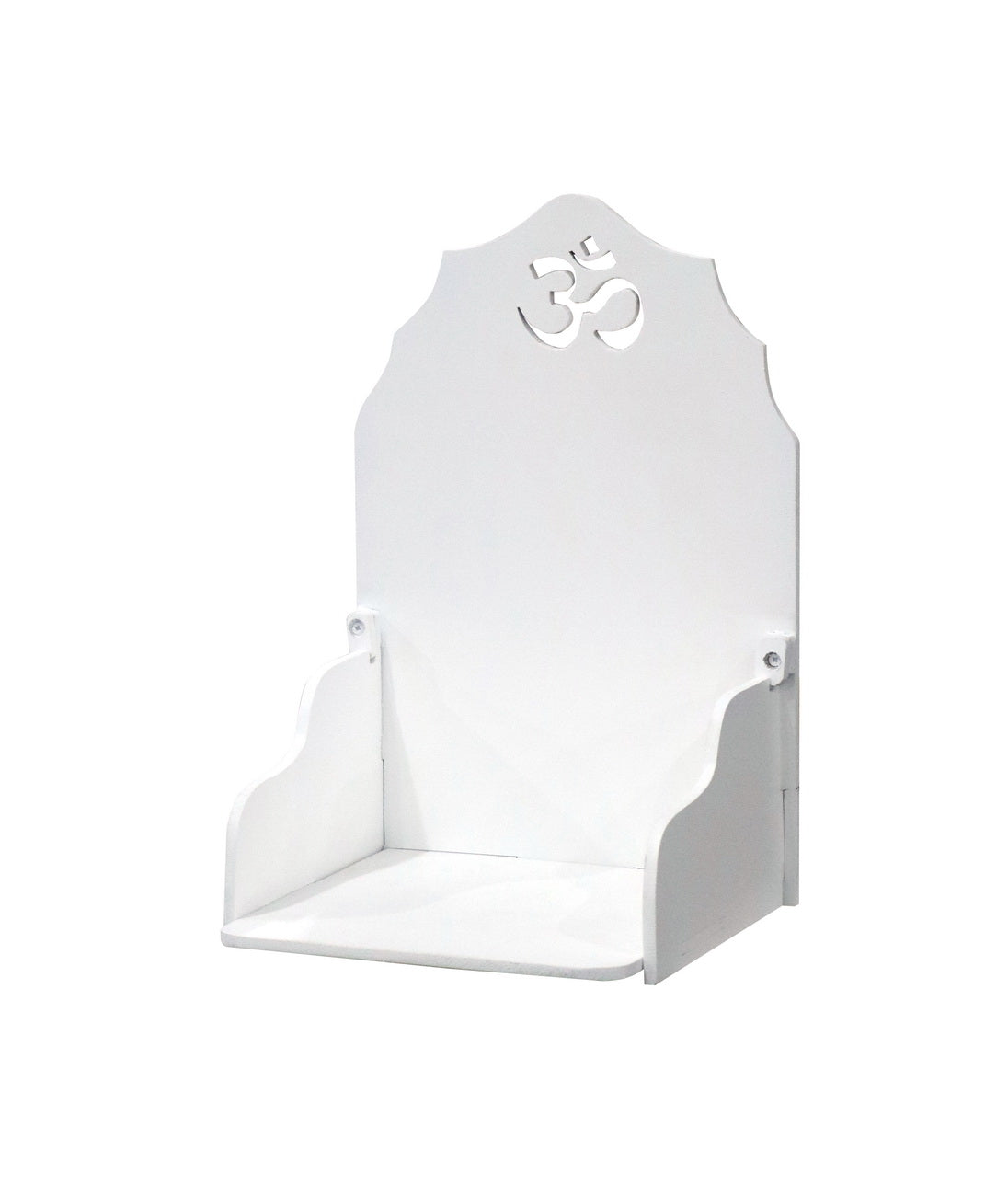 White MDF Wooden Foldable Temple with Om Carving – Compact Wall Mount Pooja Mandir - Furniza