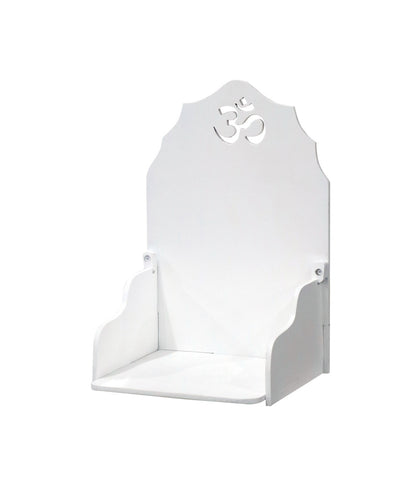 White MDF Wooden Foldable Temple with Om Carving – Compact Wall Mount Pooja Mandir - Furniza