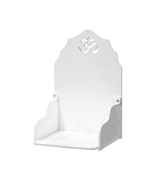 White MDF Wooden Foldable Temple with Om Carving – Compact Wall Mount Pooja Mandir - Furniza