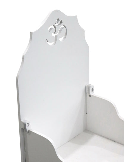 White MDF Wooden Foldable Temple with Om Carving – Compact Wall Mount Pooja Mandir - Furniza