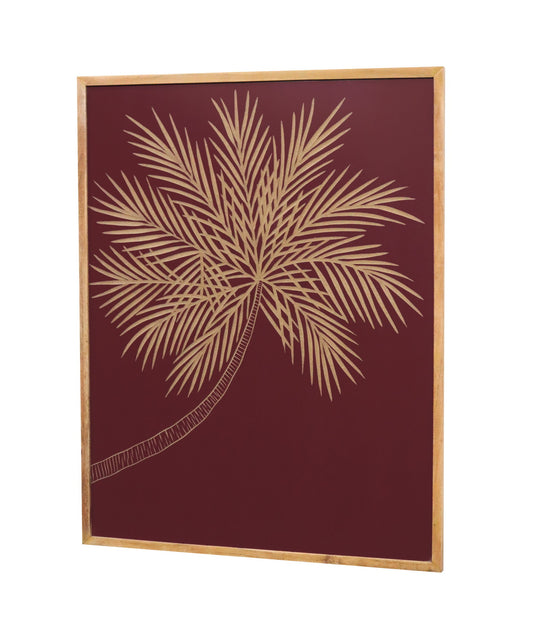Hand-Carved Palm Leaf Wall Panel in Maroon & Natural Wood Frame – Elegant Wall Décor
