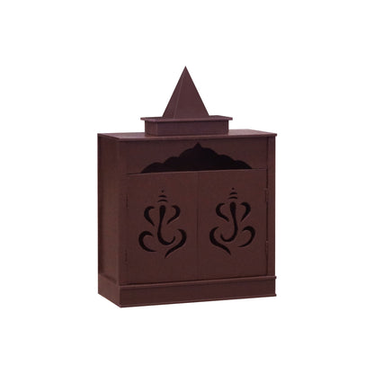 Traditional Brown MDF Wall Mount Pooja Mandir with Shikara Design & Ganesha Carved Doors – Compact Temple by Furniza