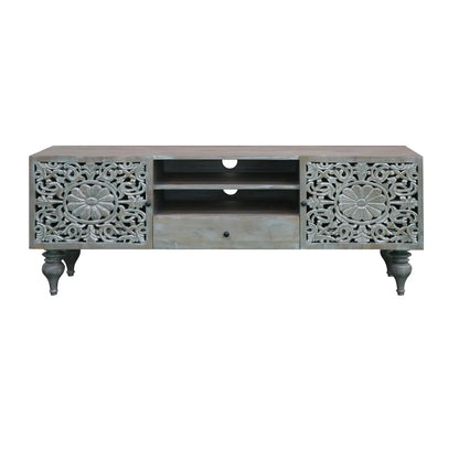 Silver Grace 2 Door 1 Drawer TV Cabinet Solid Acacia with Go-Through Carving - Furniza