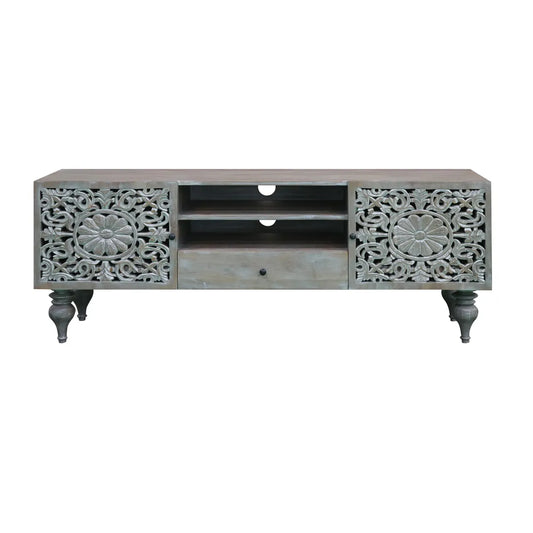 Silver Grace 2 Door 1 Drawer TV Cabinet Solid Acacia with Go-Through Carving - Furniza