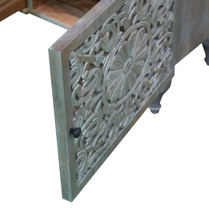 Silver Grace 2 Door 1 Drawer TV Cabinet Solid Acacia with Go-Through Carving - Furniza