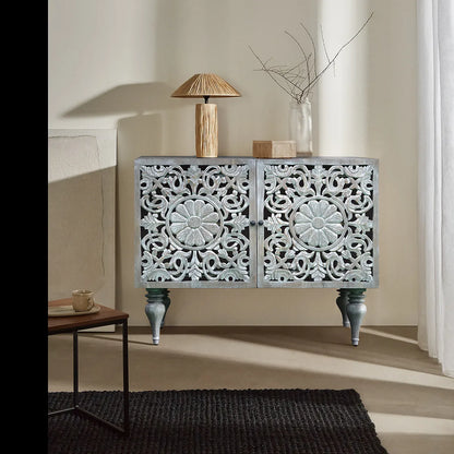 Silver Grace 2 Door Cabinet Solid Acacia with Go-Through Carving