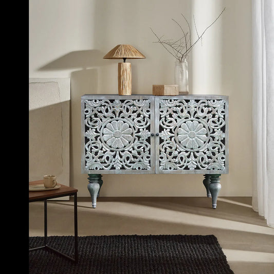 Silver Grace 2 Door Cabinet Solid Acacia with Go-Through Carving