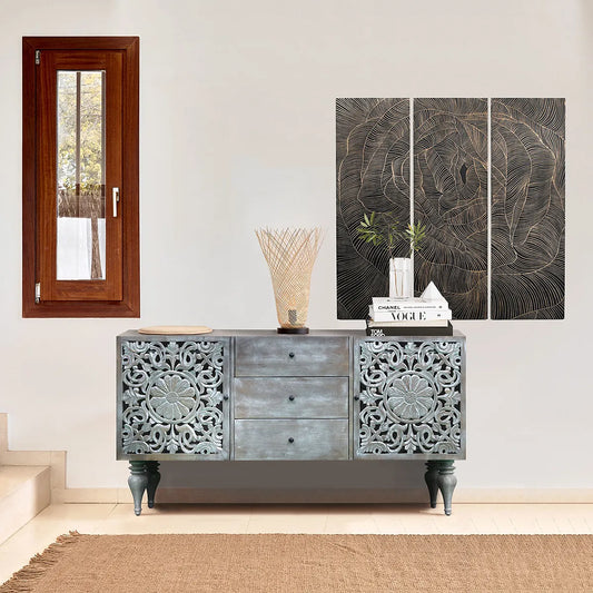 Silver Grace 2 Door 1 Drawer TV Cabinet Solid Acacia with Go-Through Carving