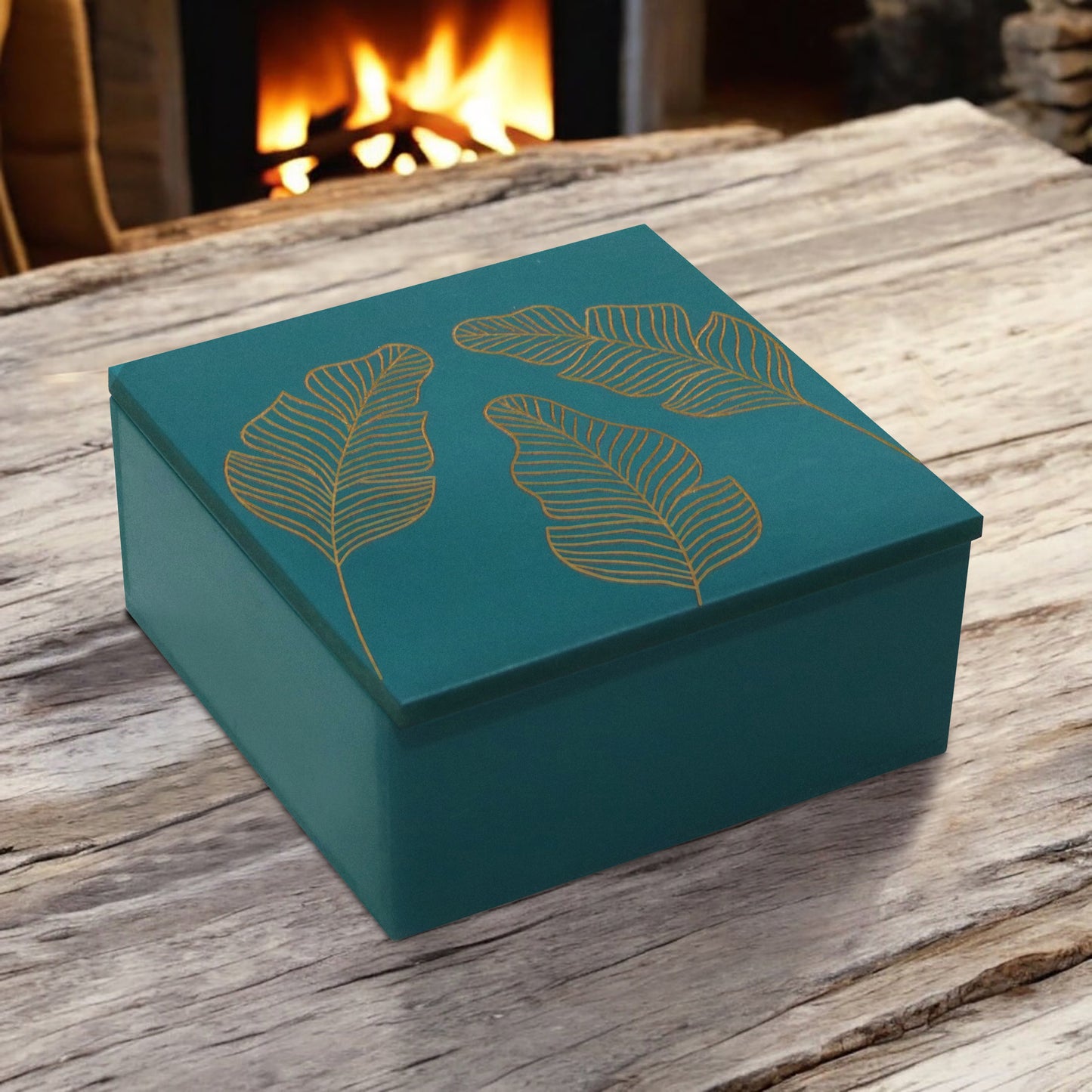 Handcrafted Teal Wooden Jewellery Box with Leaf Design & Organizer Tray