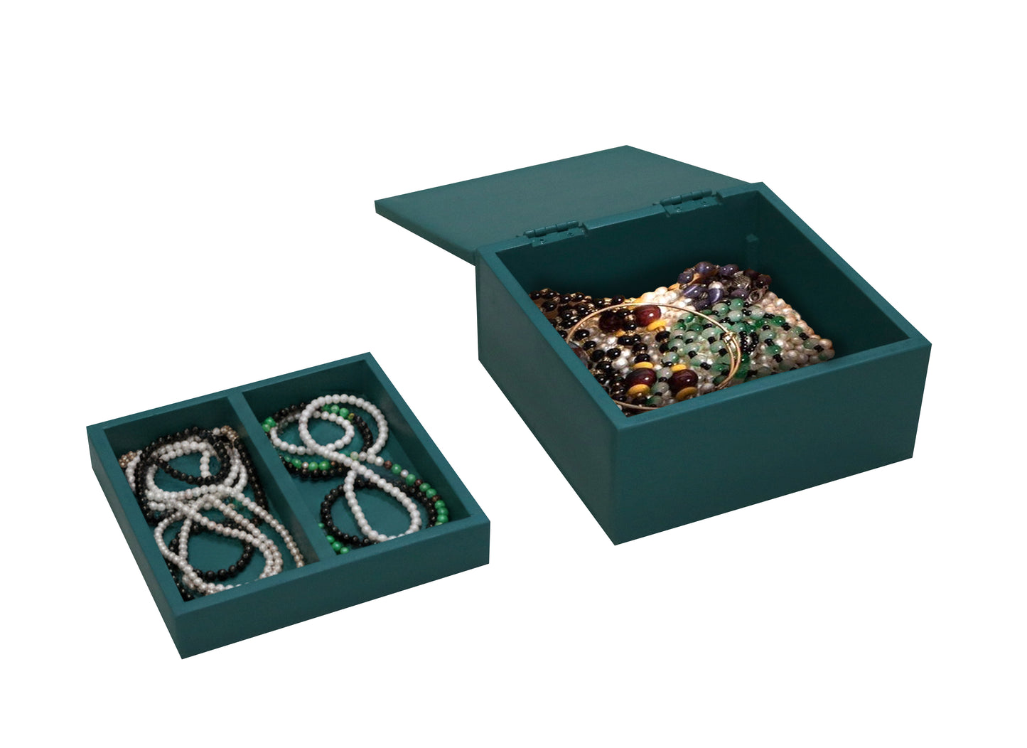 Handcrafted Teal Wooden Jewellery Box with Leaf Design & Organizer Tray