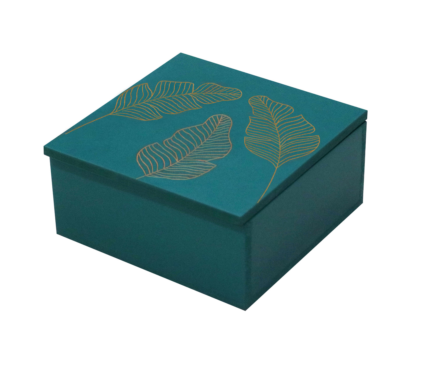 Handcrafted Teal Wooden Jewellery Box with Leaf Design & Organizer Tray