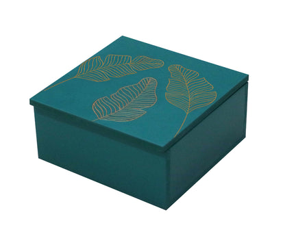 Handcrafted Teal Wooden Jewellery Box with Leaf Design & Organizer Tray
