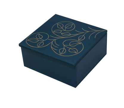 Handcrafted Teal Wooden Jewellery Box with Leaf Design & Divider