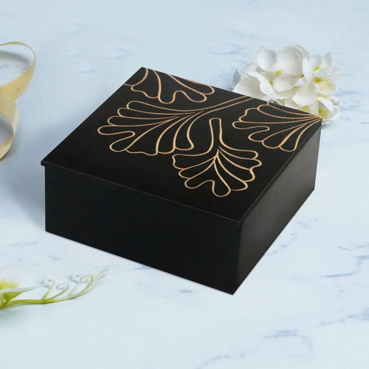 Hand Carved Decorative MDF Storage Box | Black Finish Leaf Design - Furniza
