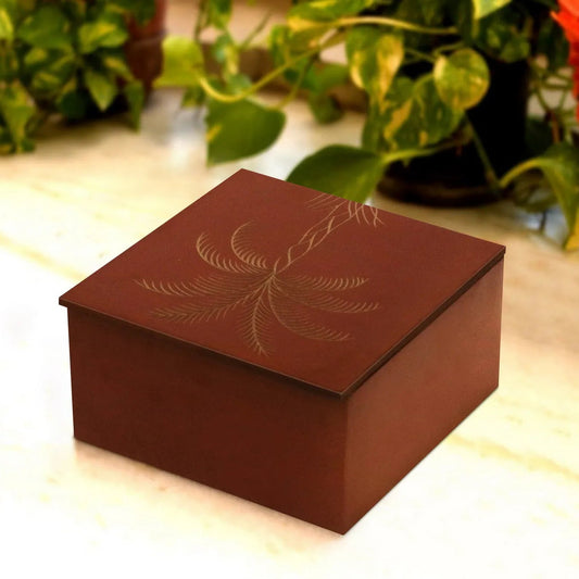 Red Finish Plam Tree Design Hand Carved Decorative MDF Storage Box - Furniza