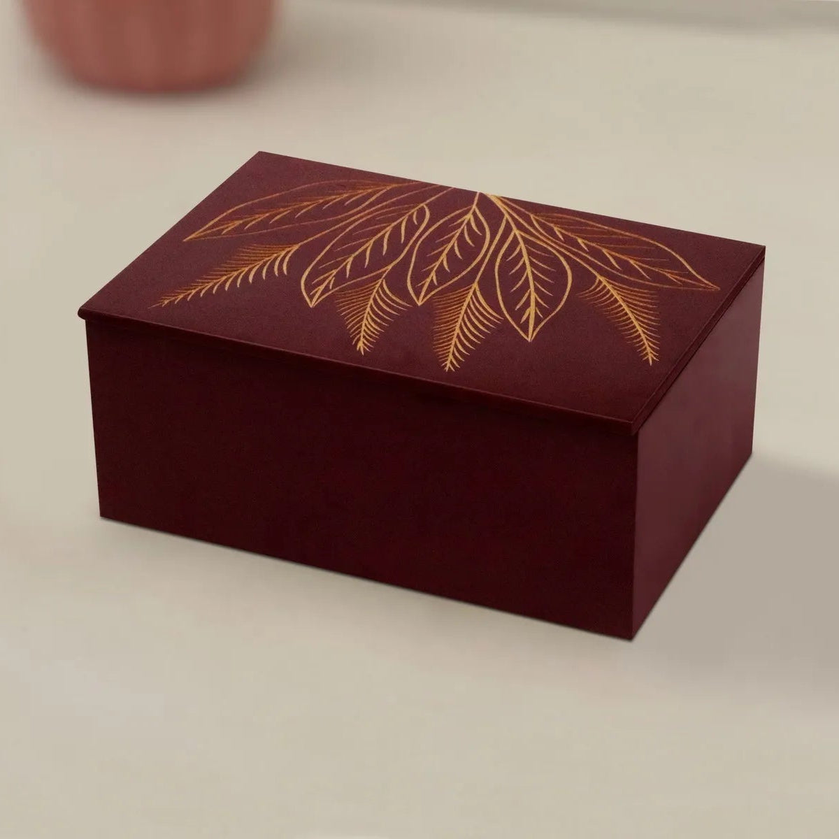 Hand Carved MDF Storage Box | Decorative Wooden Organizer with Leaf Design | Maroon Finish Keepsake Box for Jewelry, Accessories & Home Décor - Furniza
