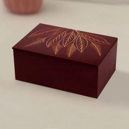 Hand Carved MDF Storage Box | Decorative Wooden Organizer with Leaf Design | Maroon Finish Keepsake Box for Jewelry, Accessories & Home Décor - Furniza
