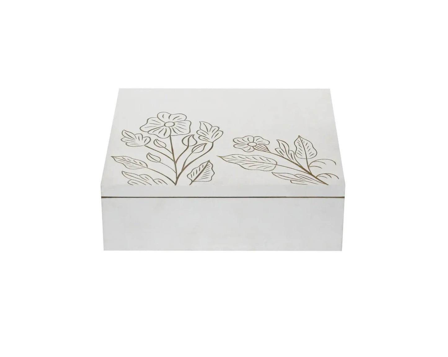 White MDF Storage Box | Hand-Carved Floral Design Decorative Organizer | Multipurpose Wooden Keepsake Box for Jewelry, Accessories & Home Décor - Furniza
