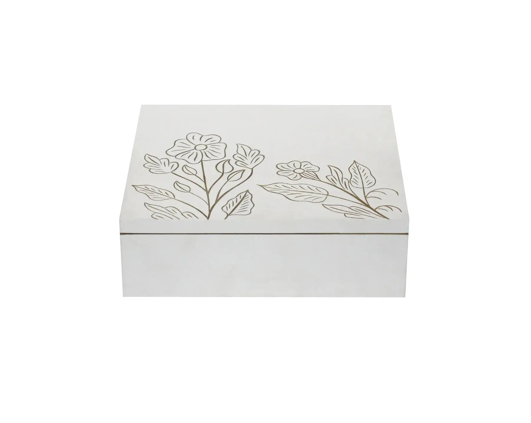 White MDF Storage Box | Hand-Carved Floral Design Decorative Organizer | Multipurpose Wooden Keepsake Box for Jewelry, Accessories & Home Décor - Furniza