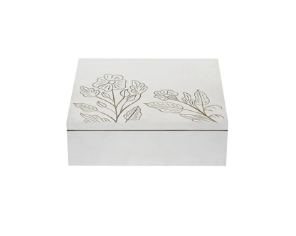 White MDF Storage Box | Hand-Carved Floral Design Decorative Organizer | Multipurpose Wooden Keepsake Box for Jewelry, Accessories & Home Décor - Furniza