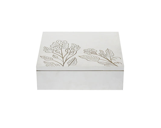 White MDF Storage Box | Hand-Carved Floral Design Decorative Organizer | Multipurpose Wooden Keepsake Box for Jewelry, Accessories & Home Décor - Furniza