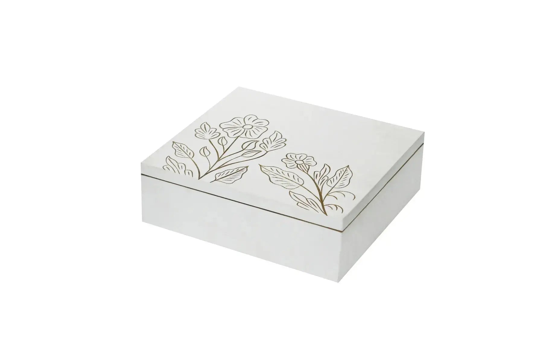 White MDF Storage Box | Hand-Carved Floral Design Decorative Organizer | Multipurpose Wooden Keepsake Box for Jewelry, Accessories & Home Décor - Furniza