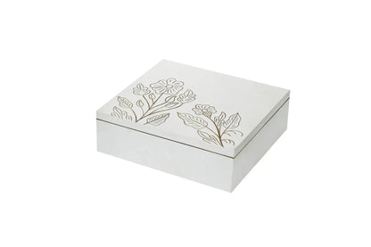 White MDF Storage Box | Hand-Carved Floral Design Decorative Organizer | Multipurpose Wooden Keepsake Box for Jewelry, Accessories & Home Décor - Furniza