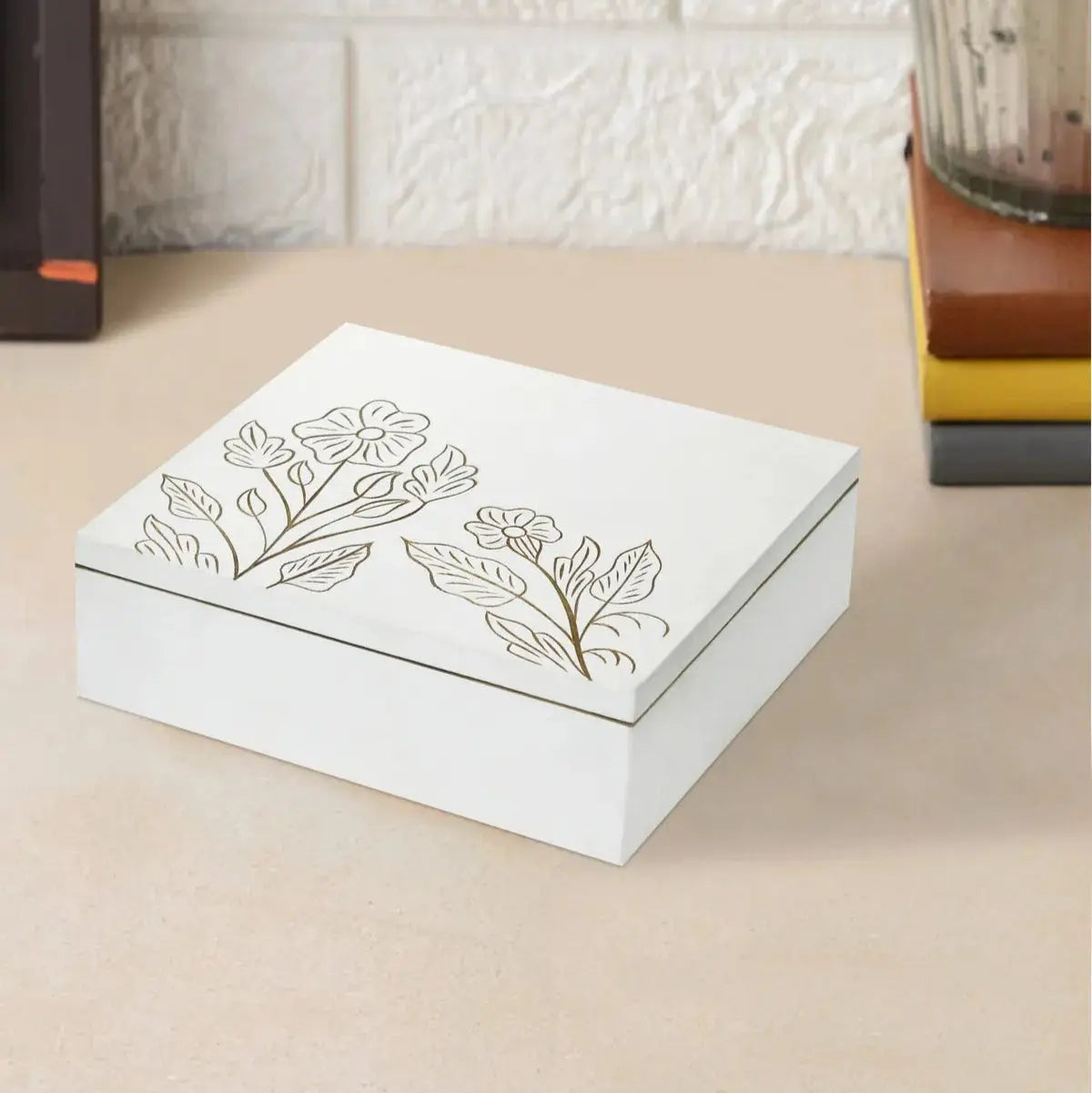 White MDF Storage Box | Hand-Carved Floral Design Decorative Organizer | Multipurpose Wooden Keepsake Box for Jewelry, Accessories & Home Décor - Furniza