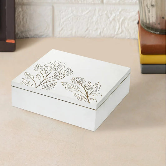 White MDF Storage Box | Hand-Carved Floral Design Decorative Organizer | Multipurpose Wooden Keepsake Box for Jewelry, Accessories & Home Décor - Furniza