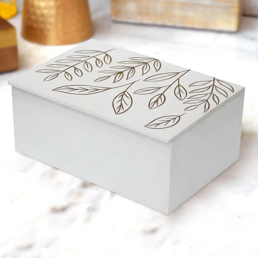 Hand‑Carved White MDF Storage Box with Leaf Design – Decorative Keepsake Box for Jewelry, Accessories & Home Décor - Furniza