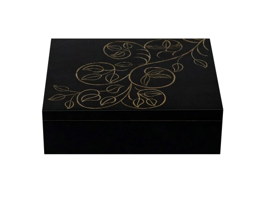 Hand‑Carved Black Floral MDF Jewelry & Accessory Box – Decorative Keepsake Storage for Home & Vanity - Furniza
